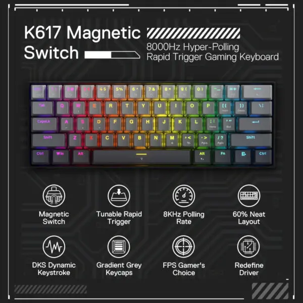 RD-K617GGB-RGB-M Redragon-K617-FIZZ-60-Magnetic-Hall-Effect-Wired-Keyboard wr 05a Redragon K617 FIZZ Rapid Trigger 60% Magnet Hall Switch Wired RGB Gaming Keyboard