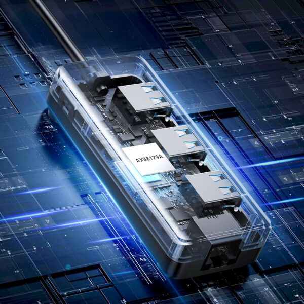 UGREEN USB Type-A Male to Ethernet Adapter with 3-Port USB Hub – Black