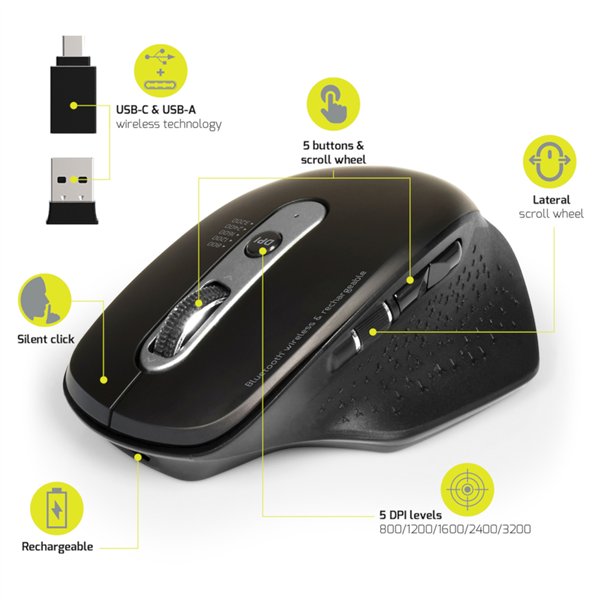 900716 Port-Connect-Wireless-Rechargeable-Executive-Bluetooth-Mouse wr 04 Port Connect Bluetooth Wireless and Rechargeable Executive Mouse - Black