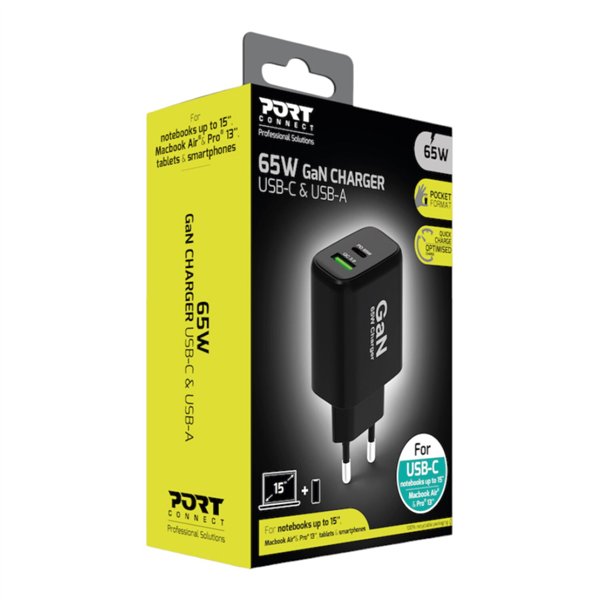 902104EU-WR-07 Port Connect 65W GaN Type-C and USB-A Fast Charger