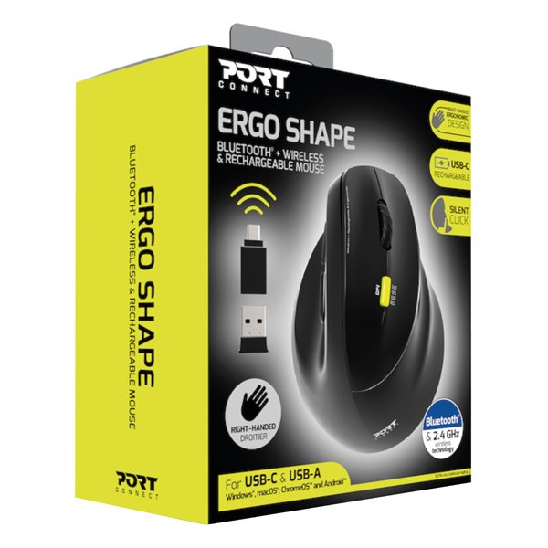 910007 .PORT-MOUSE-ERGO-RECHARGEABLE-BT-RIGHT wr 01 Port Connect Ergo Shape Bluetooth Rechargeable Mouse
