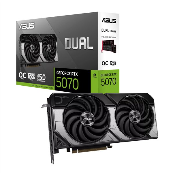 DUAL-RTX5070-O12G ASUS-Dual-GeForce-RTX-5070-12GB-GDDR7-OC-Edition-Graphics-Card wr 01a ASUS Dual GeForce RTX 5070 12GB GDDR7 OC Edition Graphics Card