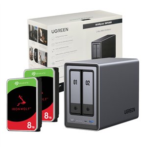 UGreen NASync DXP2800 2 Bay NAS with Seagate Ironwolf NAS 16TB SATA Hard Drive Bundle (2x 8TB)