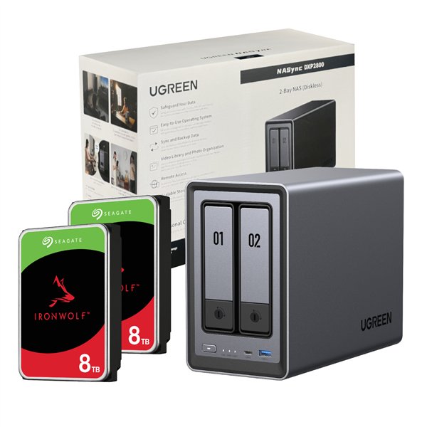 UGreen NASync DXP2800 2 Bay NAS with Seagate Ironwolf NAS 16TB SATA Hard Drive Bundle (2x 8TB)