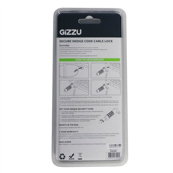GSCWC wr 02 Gizzu Secure Wedge Code Cable Lock 1.8m