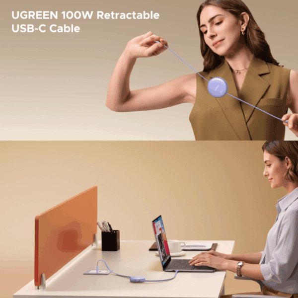 UGREEN 100W Fast Charging Retractable USB Type-C Cable 1M - Purple