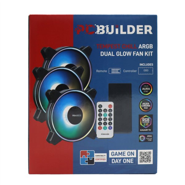 PCB-CF-TEMP-DKIT wr 02a PCBuilder Tempest Chill Fan Kit 3x120MM Dual Glow ARGB Fan + Controller + RF Remote