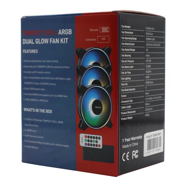 PCB-CF-TEMP-DKIT wr 04a PCBuilder Tempest Chill Fan Kit 3x120MM Dual Glow ARGB Fan + Controller + RF Remote