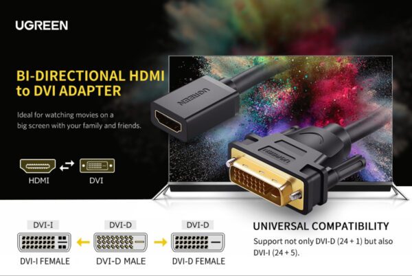 UGREEN DVI to HDMI Cable Adapter 15cm | Male to Female | 1080p Full HD – Black