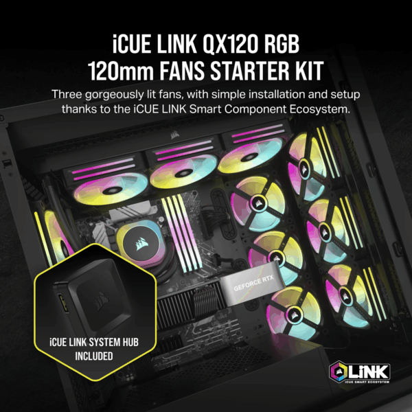 CO-9051002-WW Corsair iCUE LINK QX120 RGB 120mm PWM PC wr 05 Corsair iCUE LINK QX120 RGB 120mm PWM PC Fans Starter Kit with iCUE LINK System Hub