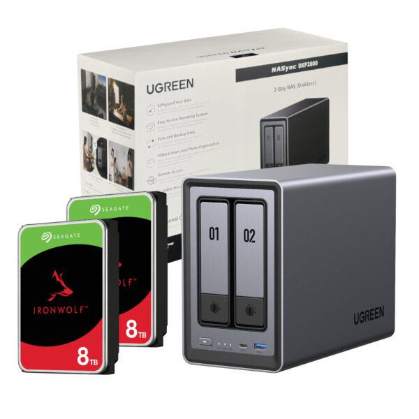 DXP2800-16TB UGreen-DXP2800-2-Bay-NAS-with-2-x-8TB-Seagate-Ironwolf-HDD wr 01a UGreen NASync DXP2800 2 Bay NAS with Seagate Ironwolf NAS 16TB SATA Hard Drive Bundle (2x 8TB)