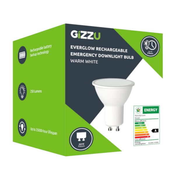 GEB3WGU10 wr 04a Gizzu Everglow Rechargeable Warm White Emergency Downlight Bulb