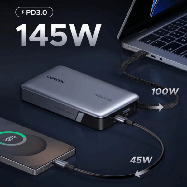 PB551-55992B UGREEN Nexode 145W 20000mAh Power Bank w wr 02 UGREEN Nexode 145W 20000mAh Power Bank with built-in USB Type-C Cable