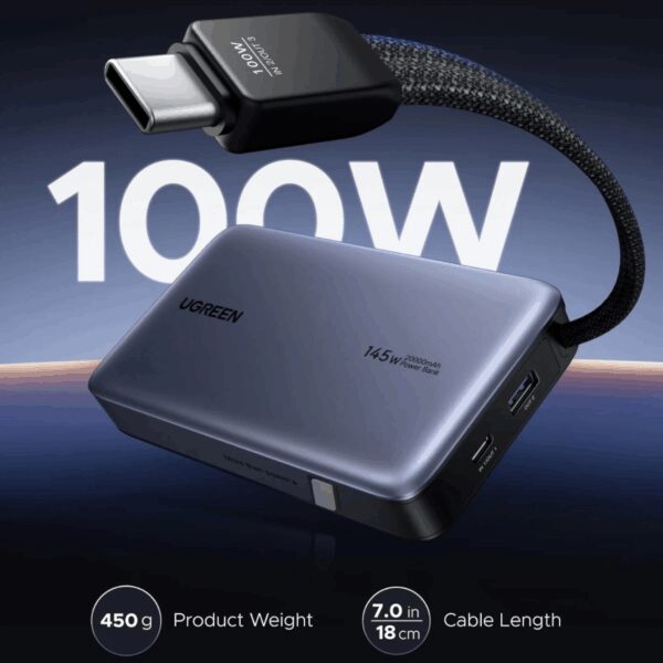PB551-55992B UGREEN Nexode 145W 20000mAh Power Bank w wr 03 UGREEN Nexode 145W 20000mAh Power Bank with built-in USB Type-C Cable