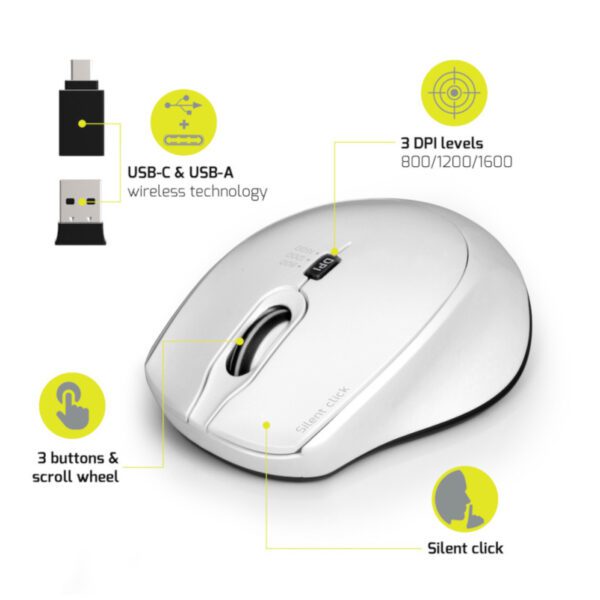 Port 900714 wr 03b Port Connect Silent 1600DPI 3 Button Wireless Mouse - White