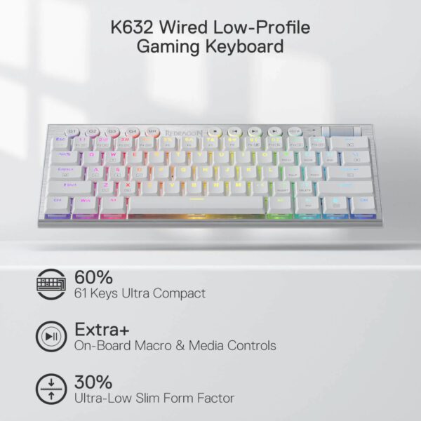 Redragon K632 HORUS Mini 60% RGB Wired Gaming Keyboard – White